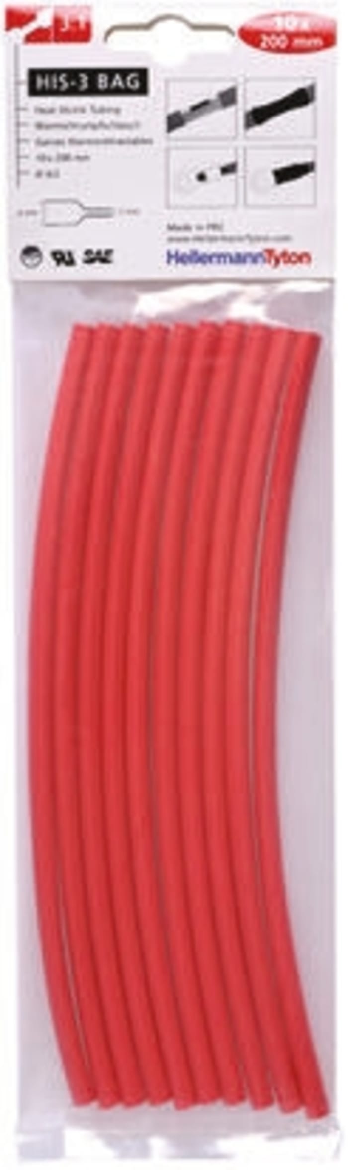 Gaine thermorétractable HellermannTyton, Diam. 6mm, Long. 200mm, Rétreint 3:1, Rouge