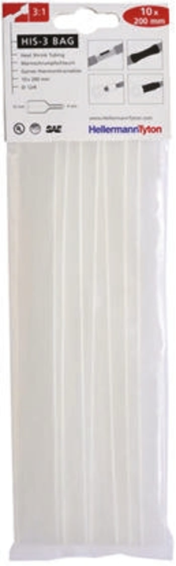 HellermannTyton Heat Shrink Tubing, Clear 12mm Sleeve Dia. x 200mm Length 3:1 Ratio, HIS-3 BAG Series