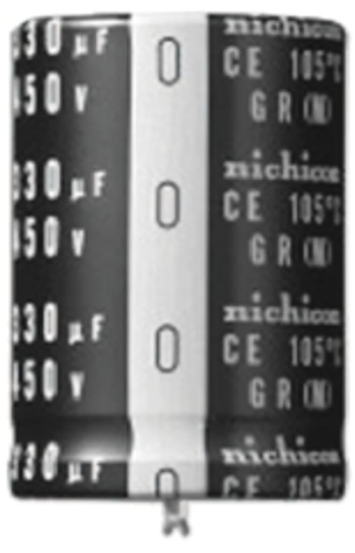 Condensador electrolítico Nichicon serie GR, 82μF, ±20%, 450V dc, de encaje a presión, 25 (Dia.) x 35mm, paso 10mm