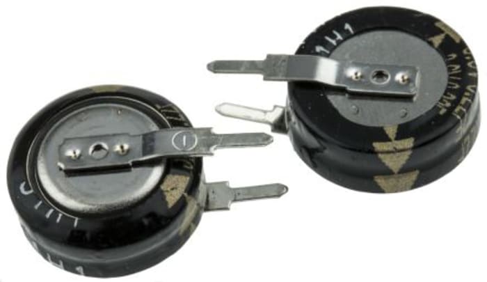 Supercondensateur, 0.22F, 3.6V c.c., Traversant, 10.5 (Dia.) x 11.5mm, pas de 5mm, -25 °C → +85 °C.