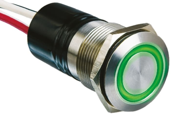 Bulgin MPI002 Series Illuminated Push Button Switch, Momentary, Panel Mount, 19.2mm Cutout, SPST, Green LED, 24V dc,