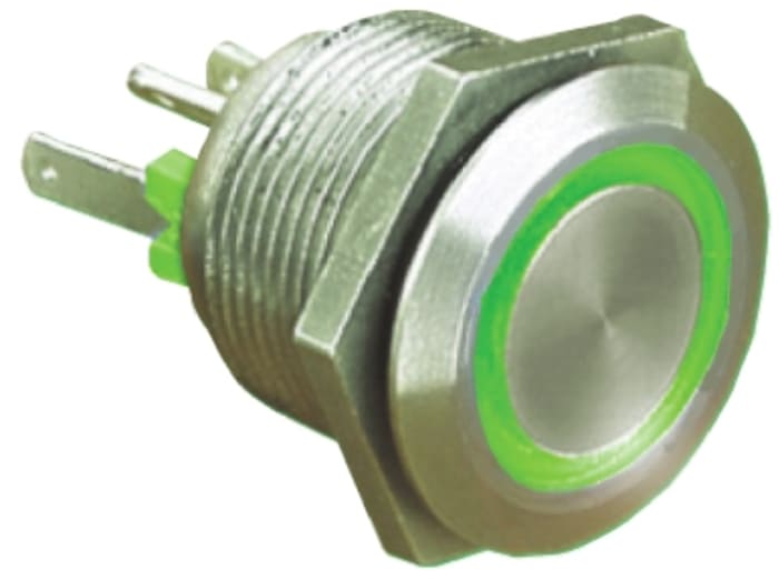 Bulgin MPI002 Series Illuminated Push Button Switch, Momentary, Panel Mount, 19.2mm Cutout, SPST, Green LED, 24V dc,