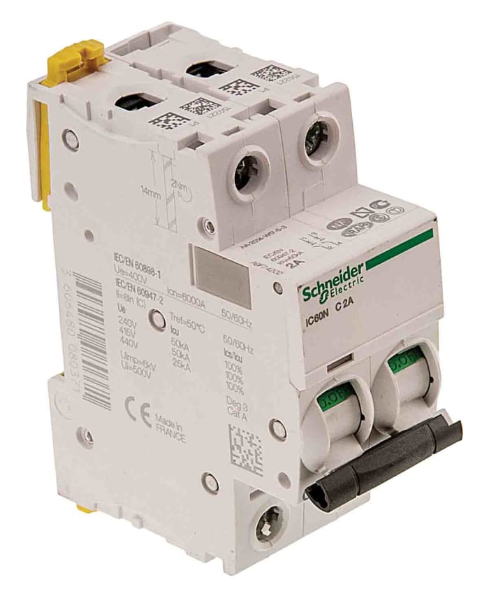 Schneider Electric Acti 9 iC60N MCB, 2P, 16A Curve D, 100 → 130V AC, 12 → 144V DC, 6 kA Breaking Capacity