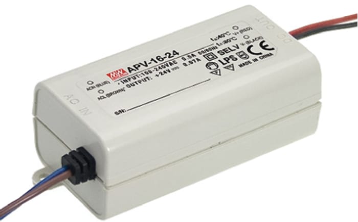 Driver LED tensión constante MEAN WELL de salidas, IN: 127 → 370 V dc, 90 → 264 V ac, OUT: 24V, 670mA,