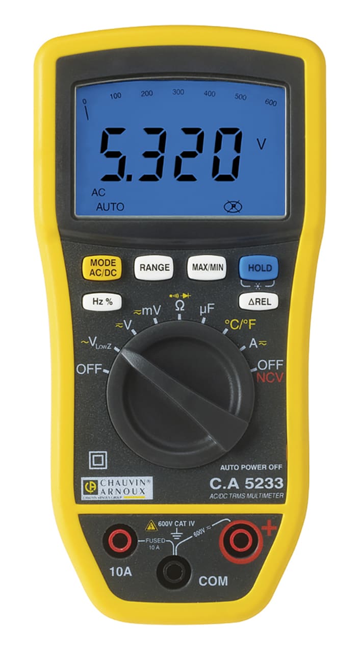Chauvin Arnoux CA 5233 Handheld Digital Multimeter, True RMS, 10A ac Max, 10A dc Max, 600V ac Max
