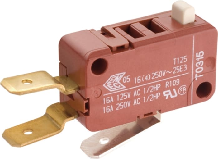 Marquardt Button Microswitch, Solder Terminal, 16 A @ 250 V ac, SPDT, IP40