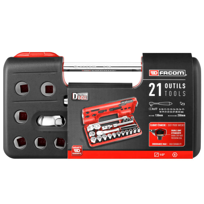 Facom 21-Piece Metric 1/2 in Standard Socket Set with Ratchet, 6 point