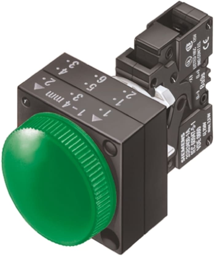 Siemens, Panel Mount Green LED Pilot Light, 22.3mm Cutout, IP66, 24 V ac/dc