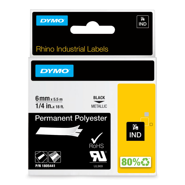 Dymo Black on Silver Label Printer Tape, 18 ft Length, 6 mm Width