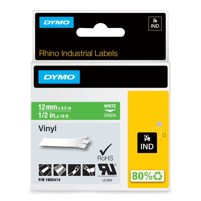 Dymo White on Green Label Printer Tape, 5.5 m Length, 12 mm Width