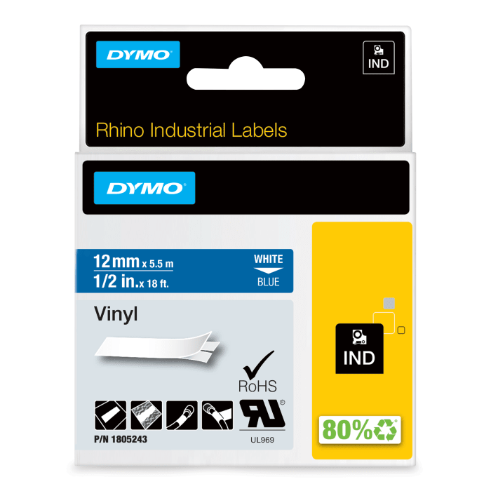 Dymo White on Blue Label Printer Tape, 18 ft Length, 12 mm Width