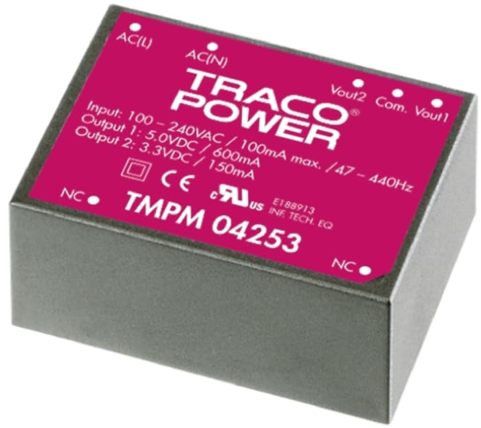 TRACOPOWER Embedded Switch Mode Power Supply (SMPS), TMPM 04115, 15V dc, 267mA, 4W, 1 Output, 120 → 370 V dc, 85