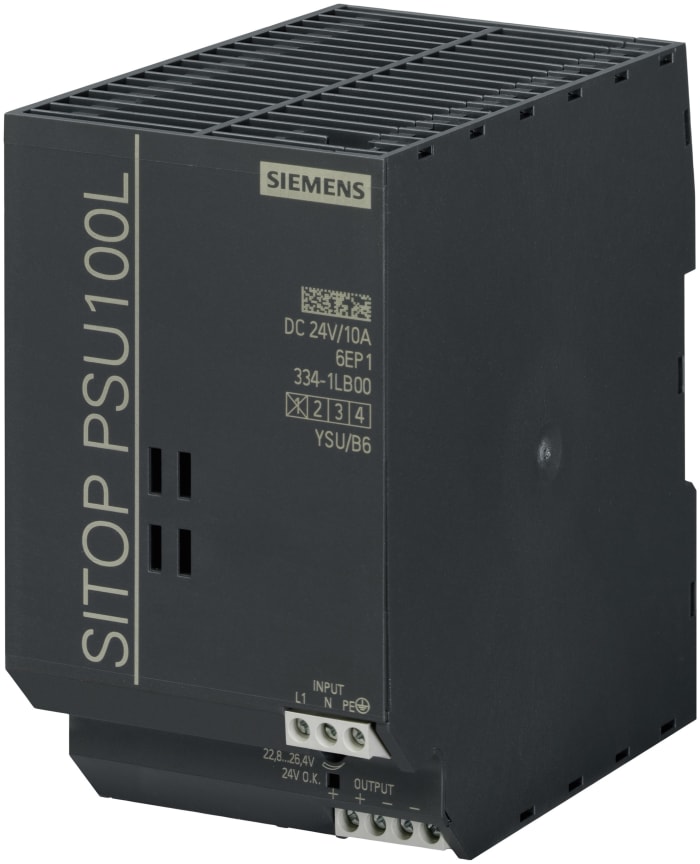 Siemens SITOP PSU100L Switched Mode DIN Rail Power Supply, 93 → 132V ac ac Input, 24V dc dc Output, 10A Output,
