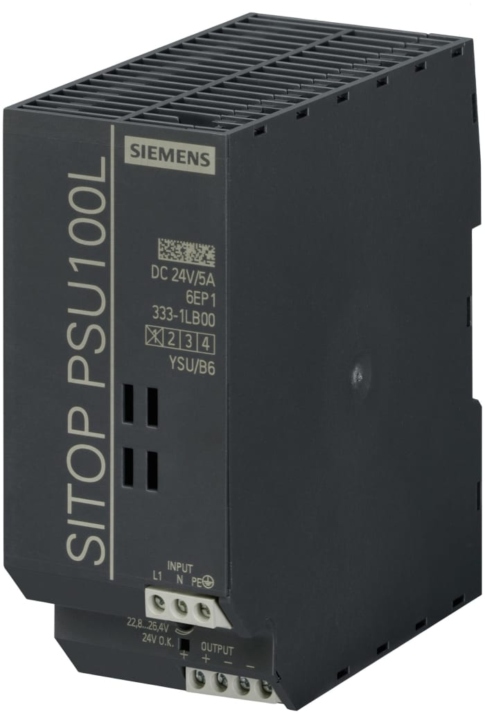 Siemens SITOP PSU100L Switched Mode DIN Rail Power Supply, 93 → 132V ac ac Input, 24V dc dc Output, 5A Output,