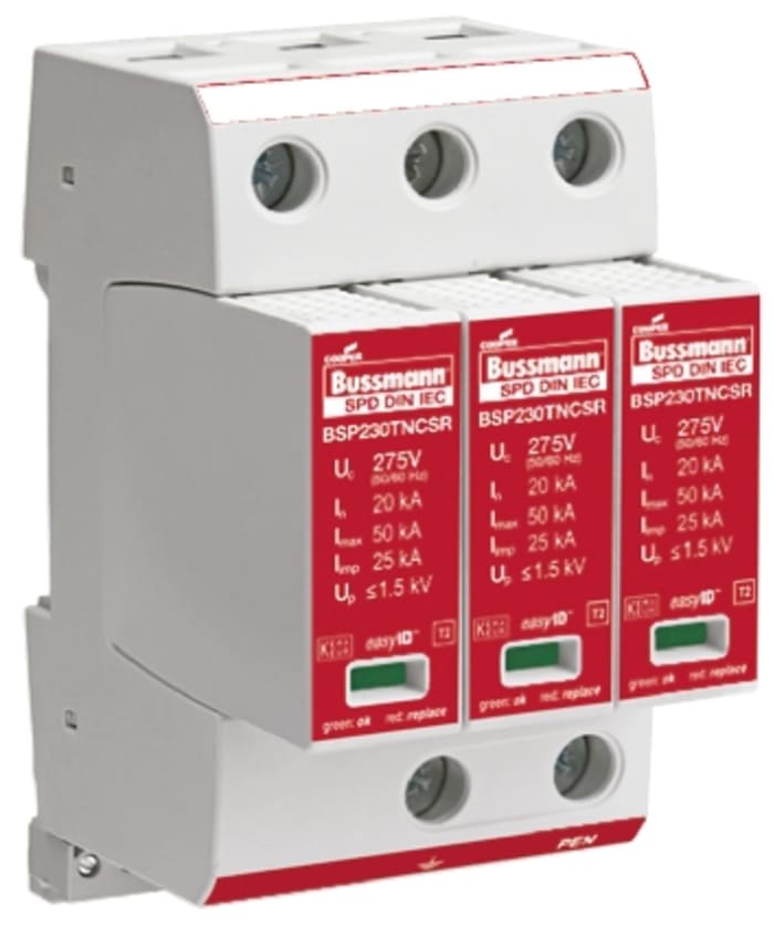 Cooper Bussmann, BSPM Surge Suppressor Unit 275 V ac Maximum Voltage Rating 40kA Maximum Surge Current 3 Pole Arrester