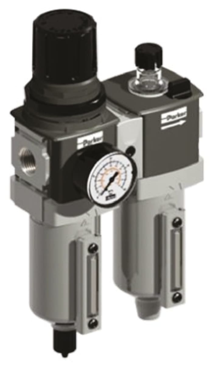 Parker G 1/2 FRL, Manual Drain, 5μ Filtration Size - With Pressure Gauge