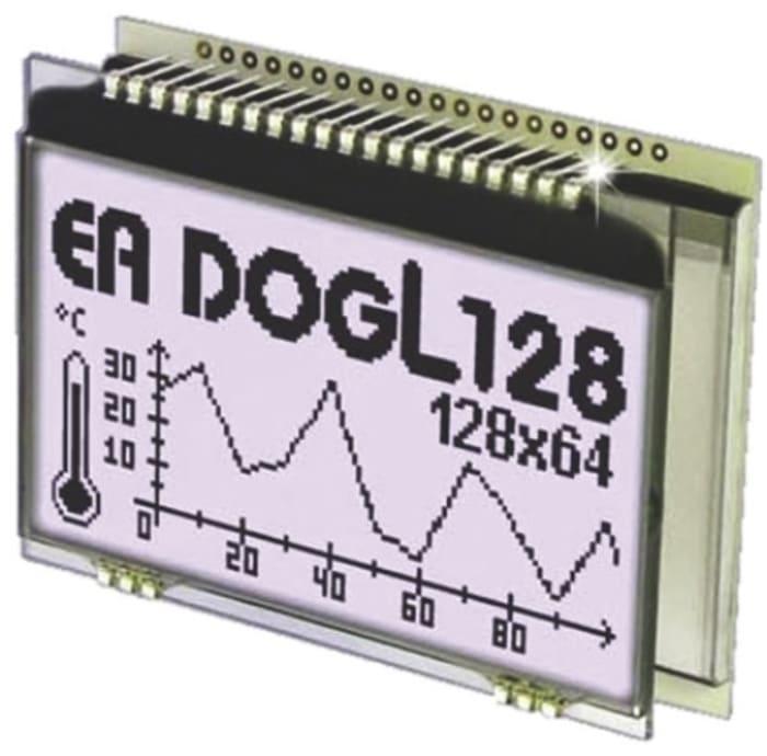 Display monocromo LCD gráfico Display Visions de 4 filas x 16, 21 caract., transflectivo, 128 x 64pixels, área 64 x 36mm