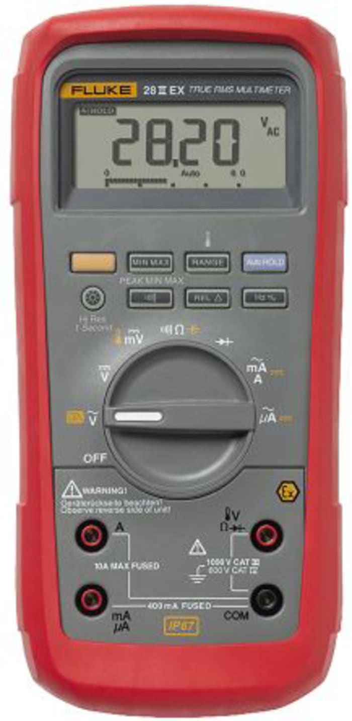 Fluke 28EX Handheld Digital Multimeter, True RMS, 10A ac Max, 10A dc Max, 1000V ac Max, ATEX - UKAS Calibrated