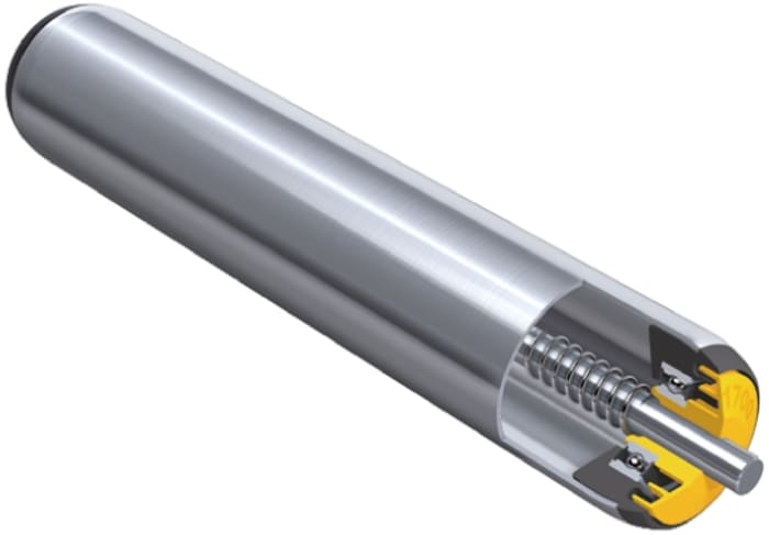 Interroll Round Conveyor Roller Spring Loaded 50mm Dia. x 300mm L, 3000N Load Capacity, 10mm Spindle, 330mm Overall