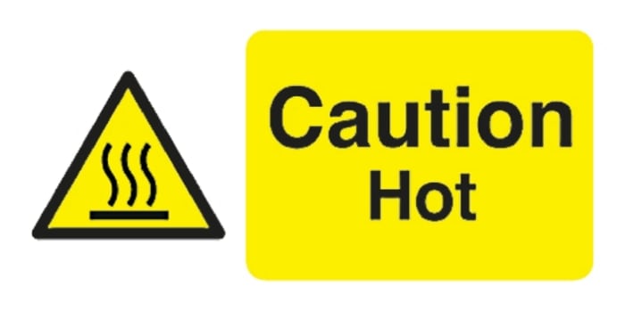 Señal de advertencia con pictograma: Peligro, texto en: Inglés "Caution Hot", 250mm x 100 mm