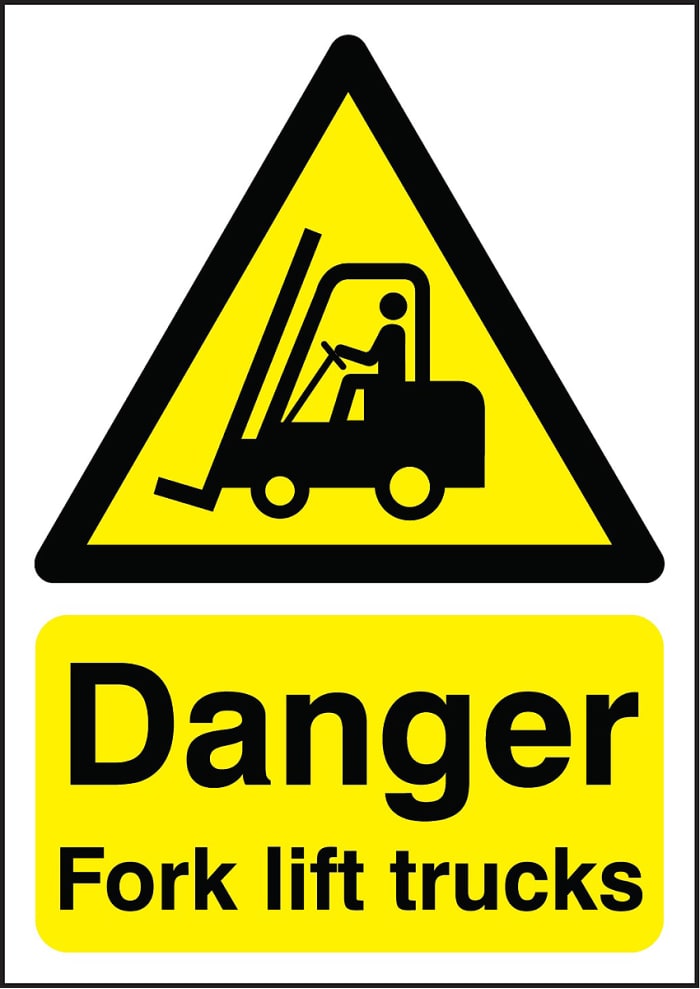 Señal de advertencia con pictograma: Peligro, texto en: Inglés "Danger Fork Lift Trucks", 300mm x 400 mm