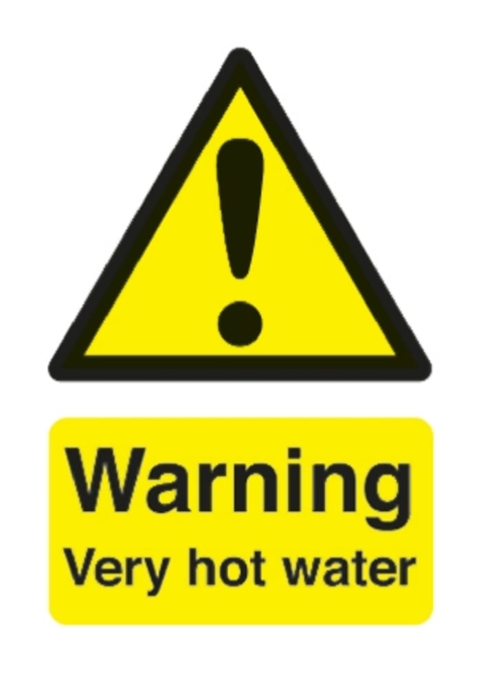 Señal de advertencia con pictograma: Advertencia, texto en: Inglés "Warning Very Hot Water", 50mm x 75 mm