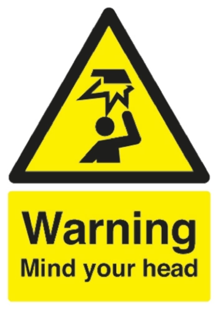 Señal de advertencia con pictograma: Cuidado con la cabeza, texto en: Inglés "Warning Mind your Head", 148mm x 210 mm