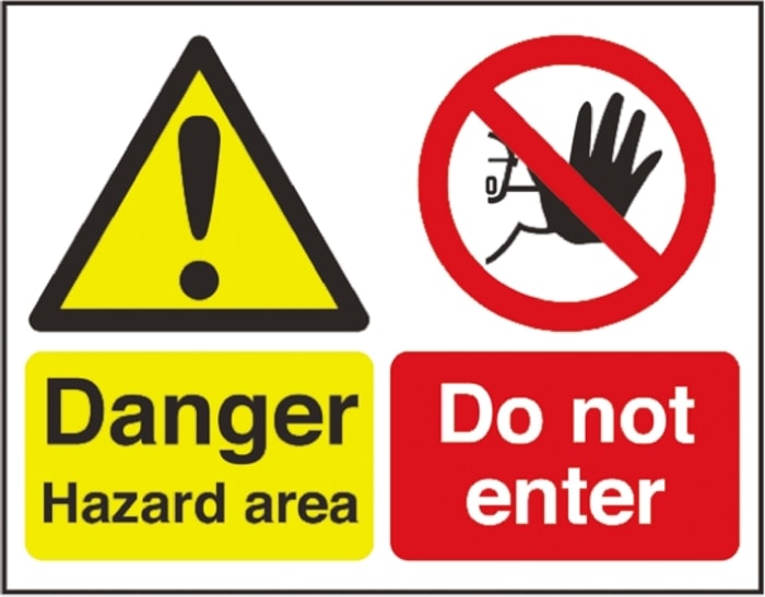 Señal de advertencia con pictograma: Zona de peligro/Prohibida la entrada, texto en: Inglés "Danger Hazard Area - Do