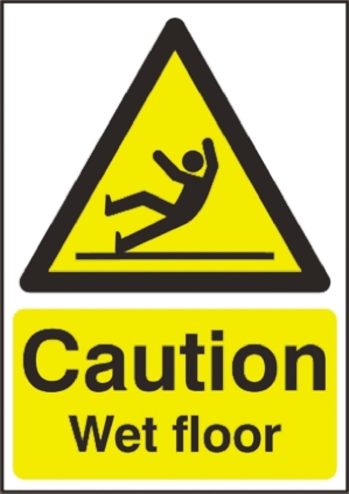 Señal de advertencia con pictograma: Suelo mojado, texto en: Inglés "Caution - Wet floor", 148mm x 210 mm