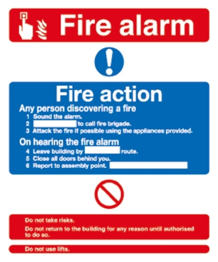 Plastic Fire Safety Sign, Fire Action With English Text Self-Adhesive