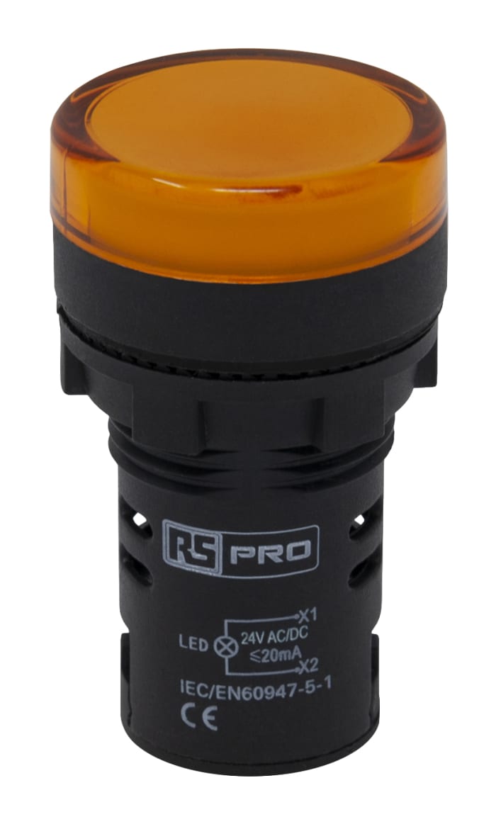 RS PRO, Panel Mount Yellow LED Pilot Light, 22mm Cutout, IP65, Round, 24V ac/dc