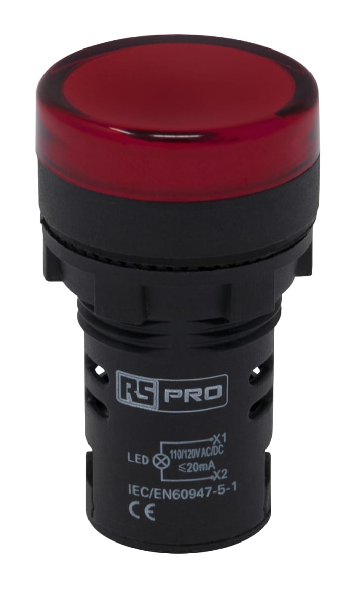 RS PRO, Panel Mount Red LED Pilot Light, 22mm Cutout, IP65, Round, 110V ac