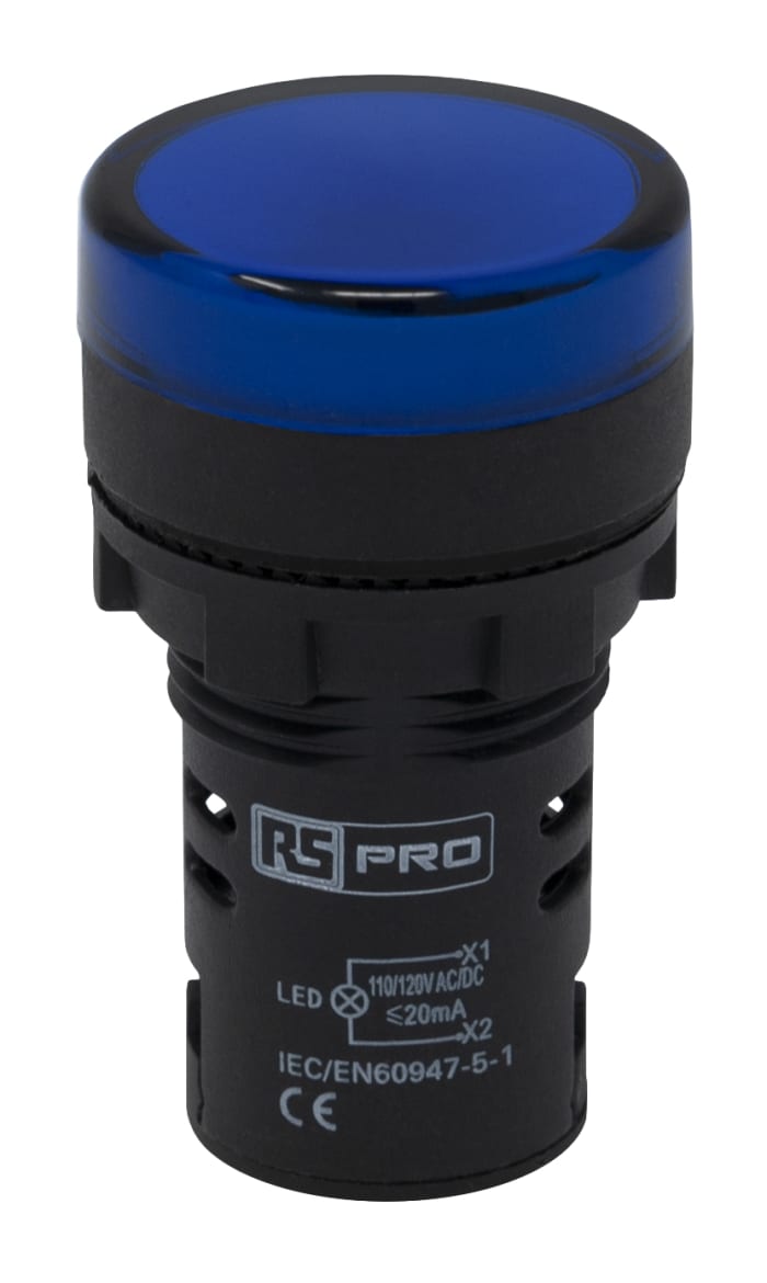 RS PRO Panel Mount Blue LED Pilot Light 22mm Cutout IP65 Round 110V ac