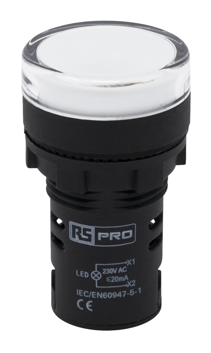 Voyant lumineux LED RS PRO Blanc 230V c.a., Ø découpe 22mm, Montage panneau, IP65