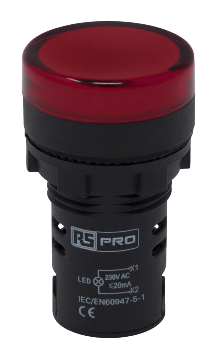 RS PRO, Panel Mount Red LED Pilot Light, 22mm Cutout, IP65, Round, 230V ac