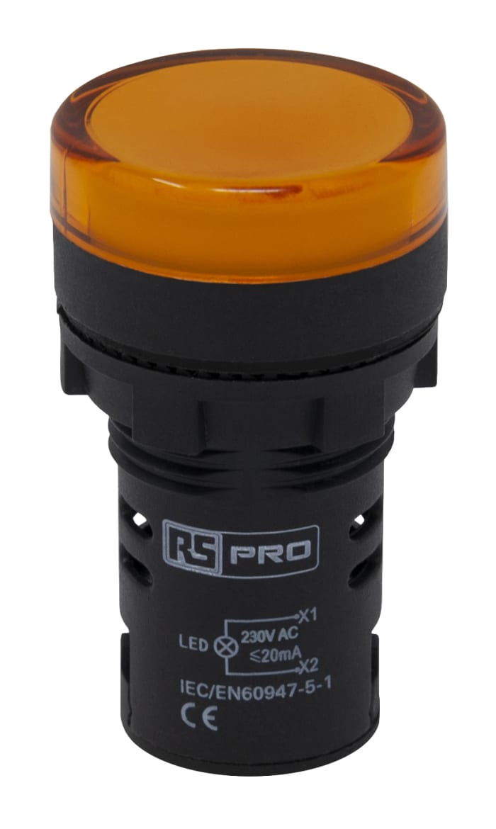 RS PRO, Panel Mount Yellow LED Pilot Light, 22mm Cutout, IP65, Round, 230V ac