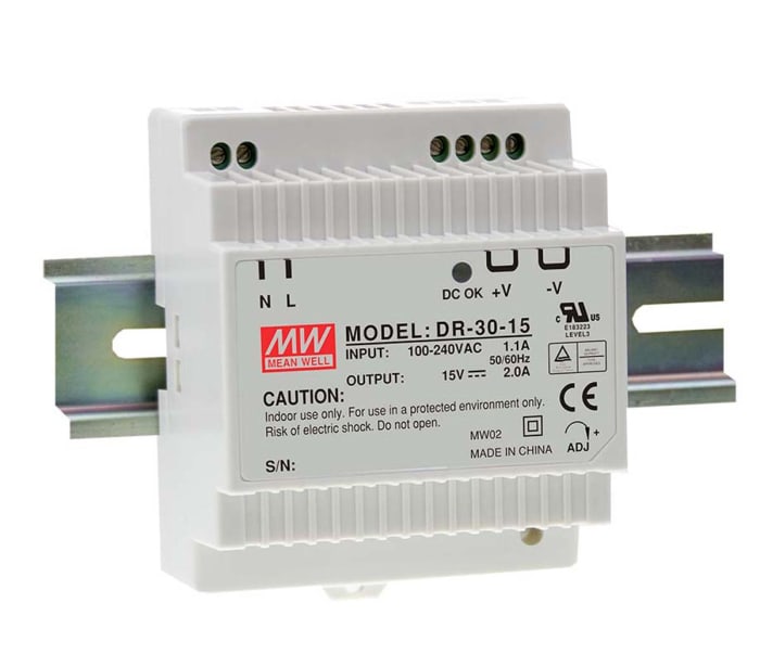 MEAN WELL DR Switch Mode DIN Rail Panel Mount Power Supply, 85 → 264V ac ac Input, 12V dc dc Output, 2A Output,