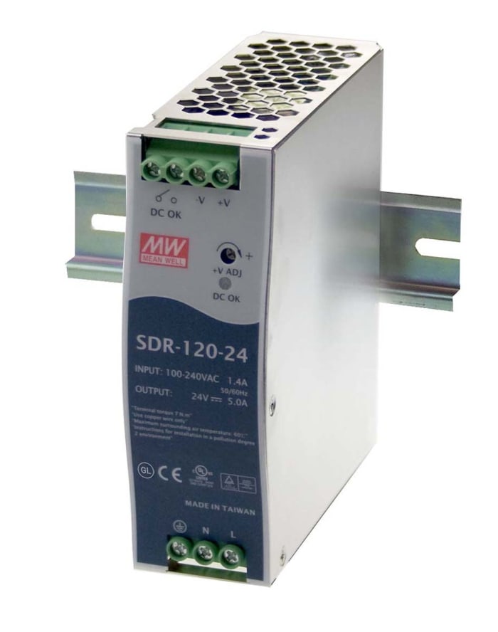 MEAN WELL SDR Switched Mode DIN Rail Power Supply, 88 → 264V ac ac Input, 48V dc dc Output, 2.5A Output, 120W