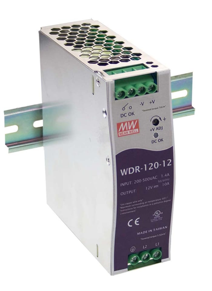 MEAN WELL WDR Switched Mode DIN Rail Power Supply, 180 → 550V ac ac Input, 48V dc dc Output, 2.5A Output, 120W