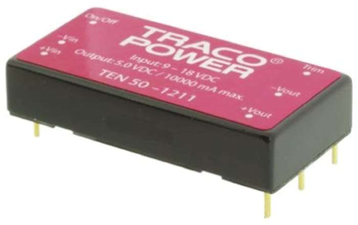 TRACOPOWER TEN 50 DC-DC Converter, 5V dc/ 10A Output, 36 → 75 V dc Input, 50W, Through Hole, +85°C Max Temp