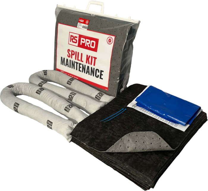 Kit de déversement contient 20 x coussinets, 2 x chaussettes de 1,2 m, 2 x sacs à déchets, 2 x fermetures à glissière,