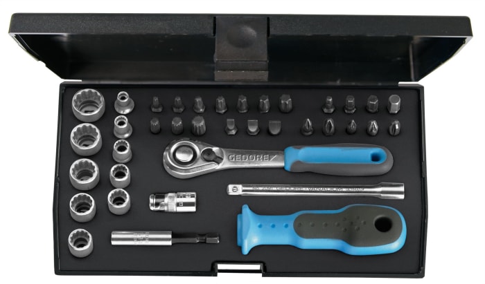 Gedore 37-Piece Metric 1/4 in Standard Socket/Bit Set with Ratchet, 12 point; Hex Bit; Phillips Bit; Pozidriv Bit;