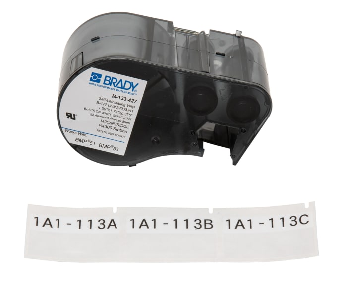 Ruban pour étiqueteuse Brady x 44,45 mm Noir sur Noir sur blanc, Transparent