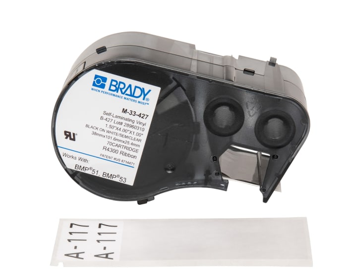 Ruban pour étiqueteuse Brady x 38,1 mm Noir sur Noir sur blanc, Transparent
