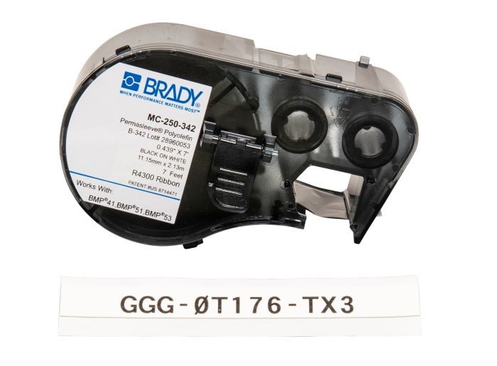 Brady B-342 Black on Black on White Label Printer Tape, 2.13 m Length, 11.15 mm Width