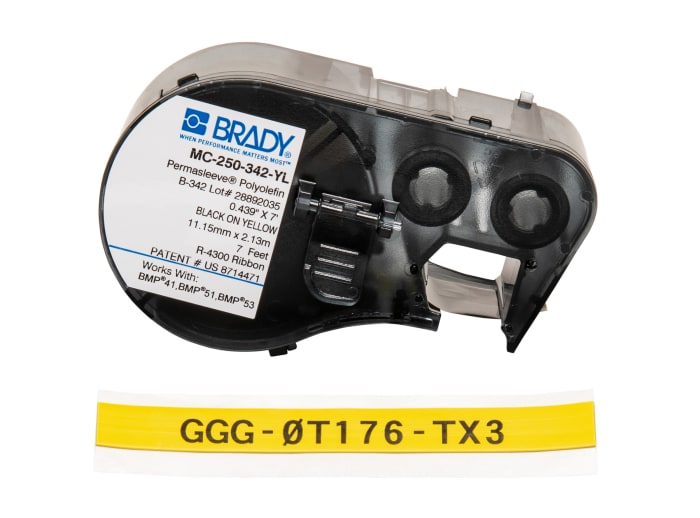 Brady B-342 Black on Black on Yellow Label Printer Tape, 2.13 m Length, 11.15 mm Width