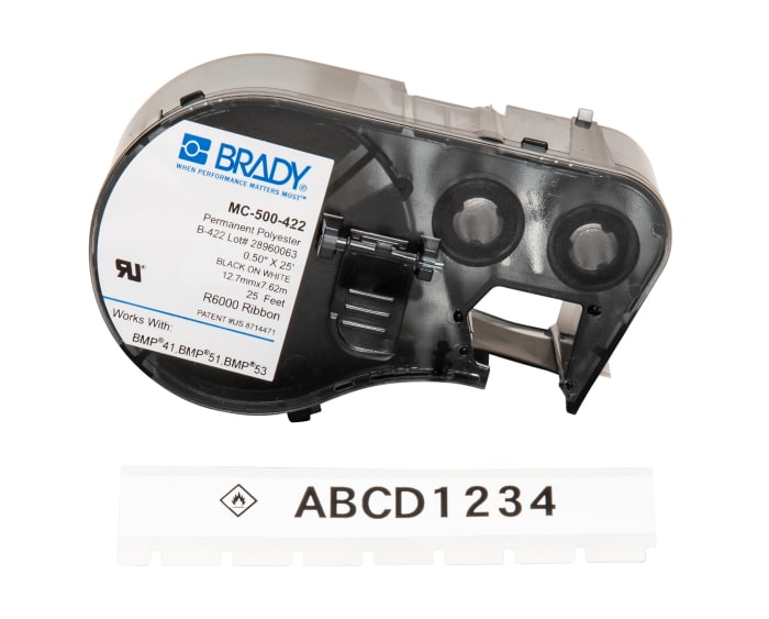 Brady B-422 Black on Black on White Label Printer Tape, 7.62 m Length, 12.70 mm Width