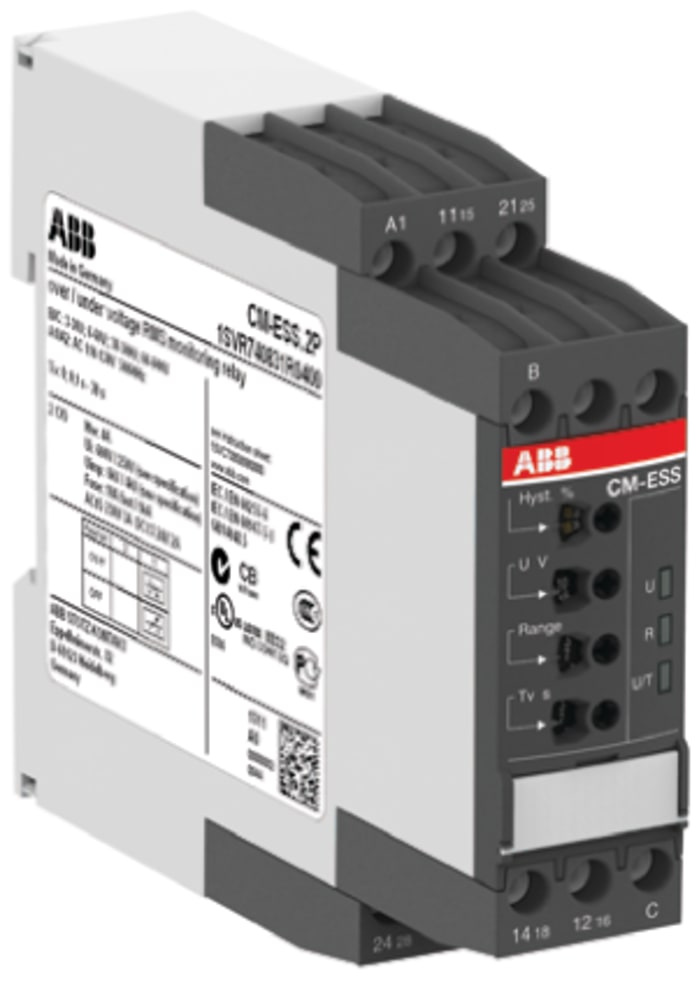 ABB Voltage Monitoring Relay, 1 Phase, DPDT, 3→30 V, 6→60 V, 30→300 V, 60→600 V, DIN Rail