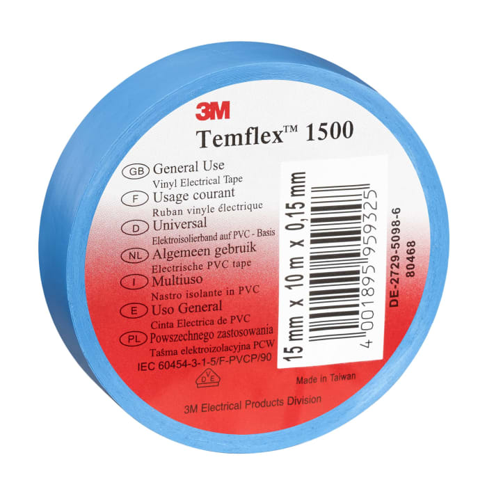 3M Temflex 1500 Blue PVC Electrical Tape, 19mm x 20m