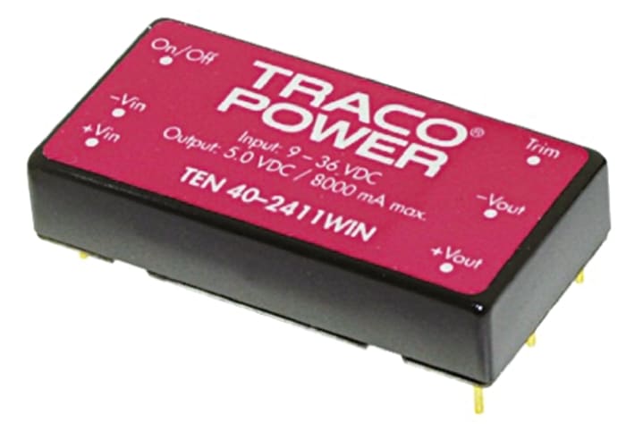 TRACOPOWER TEN 40WIN DC-DC Converter, 5V dc/ 8A Output, 18 → 75 V dc Input, 40W, Through Hole, +75°C Max Temp